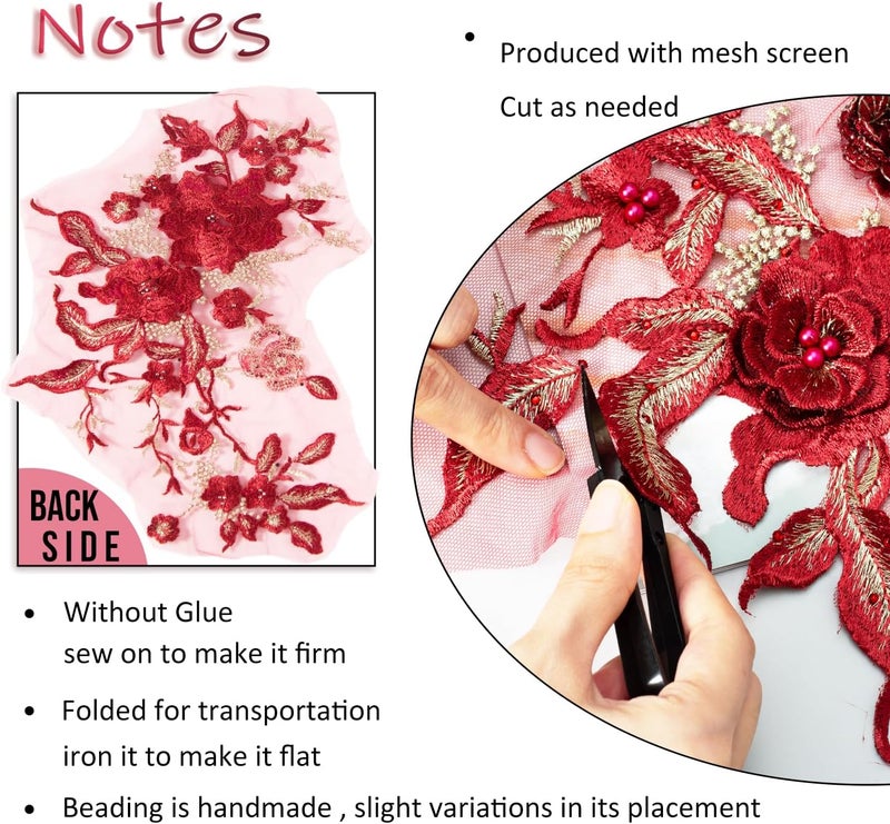 Silvora Colorful Flower Fabric Beaded Lace Applique,3D Embroidered Flower Fabric Patch for Bridal Dress, Handmade Sewing Tool for Wedding DIY Crafts(Red-1) - Image 5